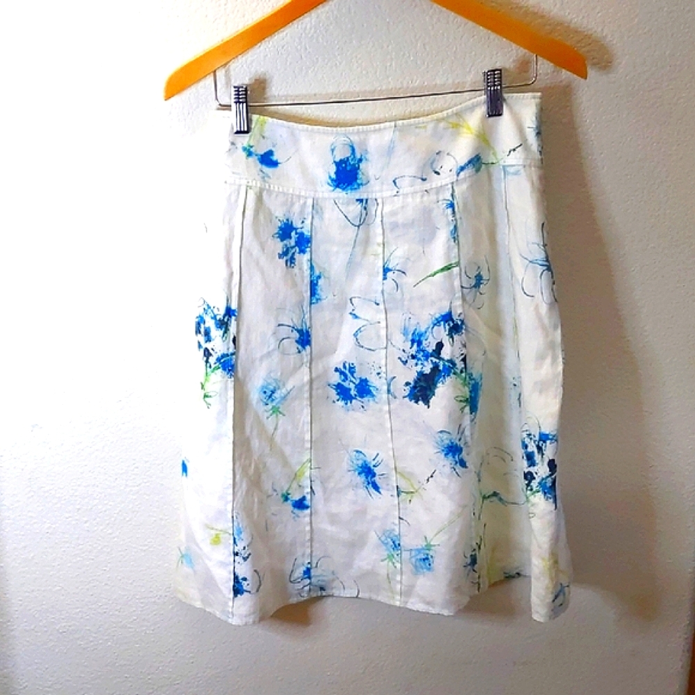 Ann Taylor Blue and White Floral A-Line Linen Skirt S Classic Feminine